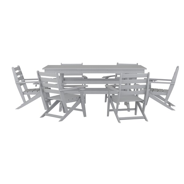 Flash Furniture Tolleson 7 Pc Adirondack Set w/72-in Rectangle Recycled HDPE Table and 6 Chairs w/Cupholders, Gry LE-HMP-158-2037-GRY-GG - main